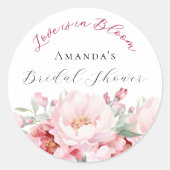 Bruiloft roze bloemen liefde in bloei ronde sticker (Voorkant)