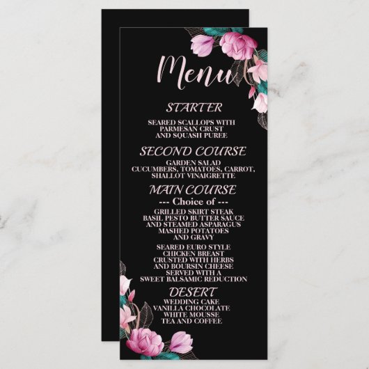 Bruiloft Roze Bloemen Zwart Elegant Rustiek Menu (Voorkant / Achterkant)