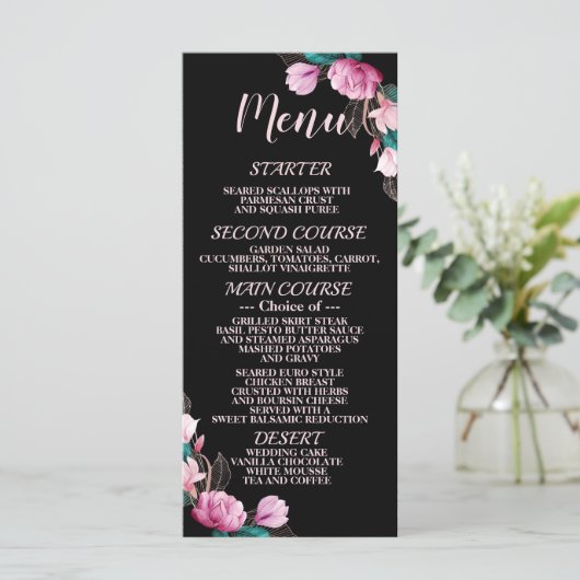 Bruiloft Roze Bloemen Zwart Elegant Rustiek Menu (Staand voorkant)