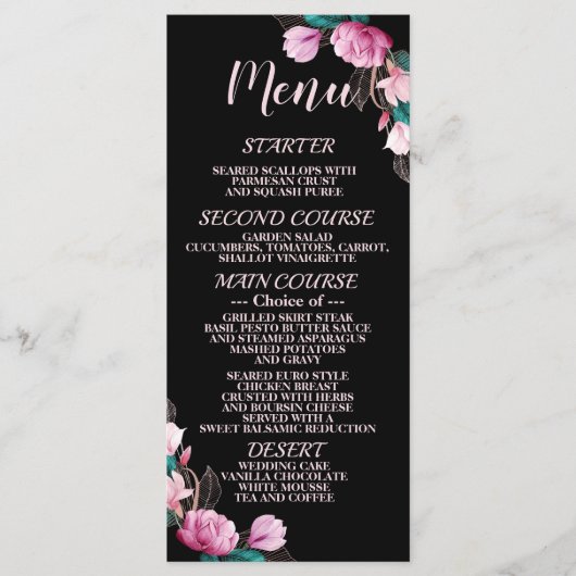 Bruiloft Roze Bloemen Zwart Elegant Rustiek Menu (Voorkant)