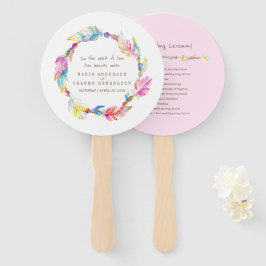 Bruiloft roze boho veer en kralen programma fans handwaaier