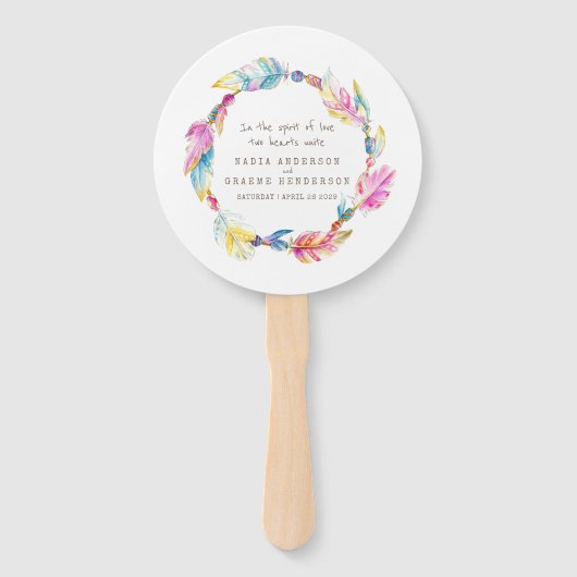 Bruiloft roze boho veer en kralen programma fans handwaaier (Voorkant)