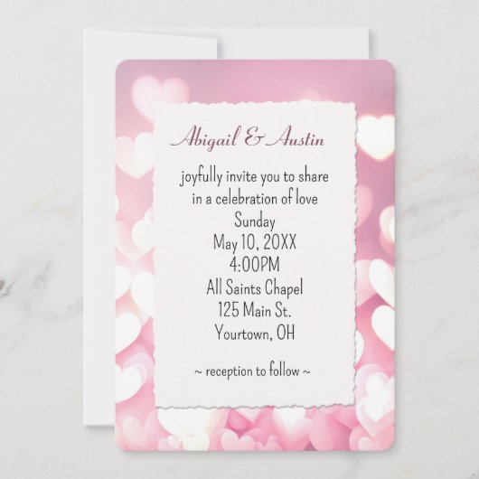 Bruiloft roze en witte bokeh harten kaart (Voorkant)