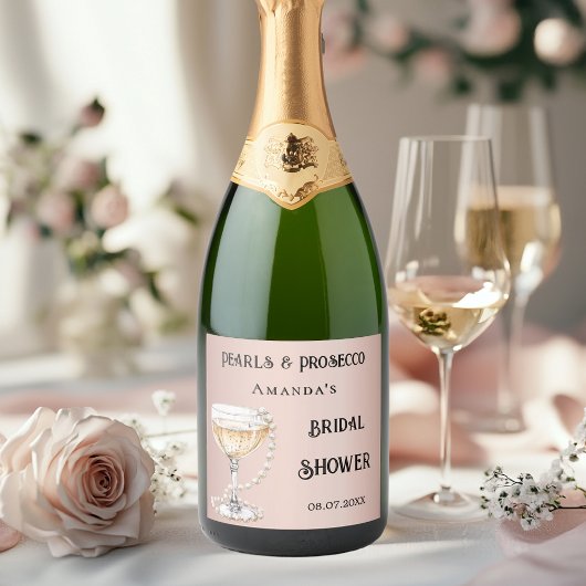 Bruiloft roze goud parels prosecco sparkling wijnetiket