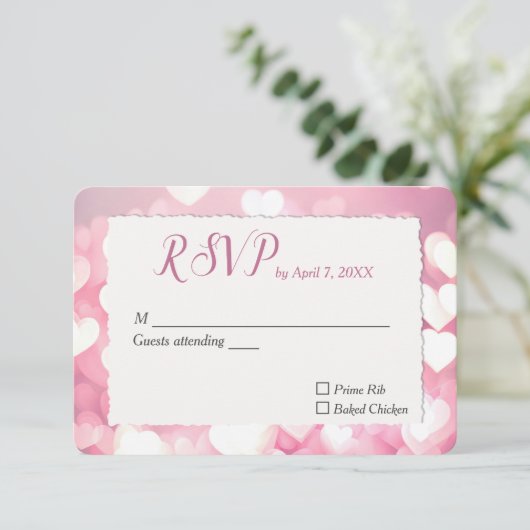 Bruiloft Roze Harten RSVP Kaartje (Staand voorkant)