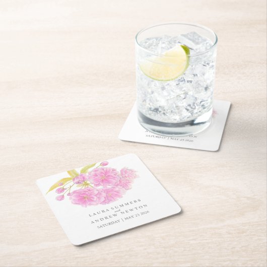 Bruiloft roze kersenbloesem aangepaste papieren on kartonnen onderzetters (Insitu)