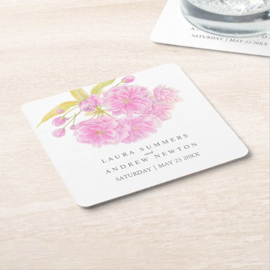Bruiloft roze kersenbloesem aangepaste papieren on kartonnen onderzetters (Schuin)