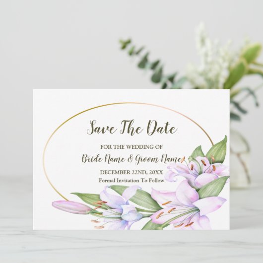 Bruiloft Roze Lelie Bloemen Gouden Lijst Mooi Save The Date (Staand voorkant)