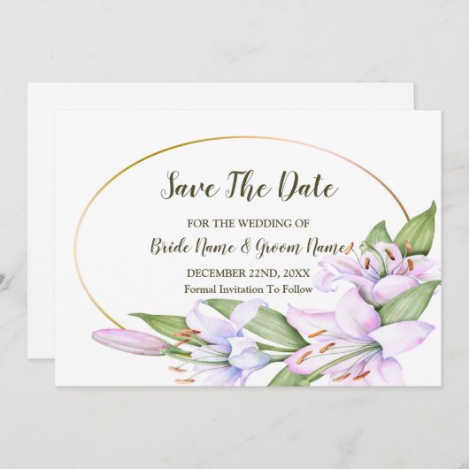 Bruiloft Roze Lelie Bloemen Gouden Lijst Mooi Save The Date (Voorkant / Achterkant)