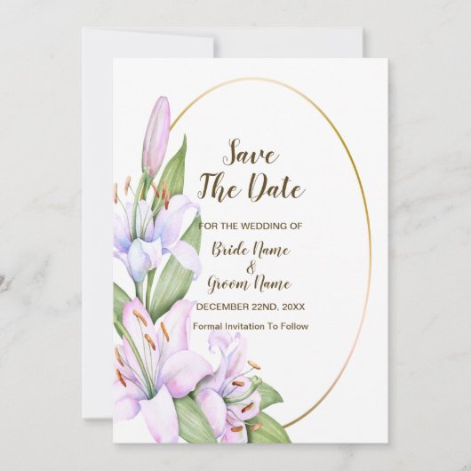 Bruiloft Roze Lelie Bloemen Gouden Lijst Mooi Save The Date (Voorkant)