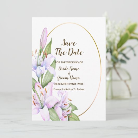 Bruiloft Roze Lelie Bloemen Gouden Lijst Mooi Save The Date (Staand voorkant)
