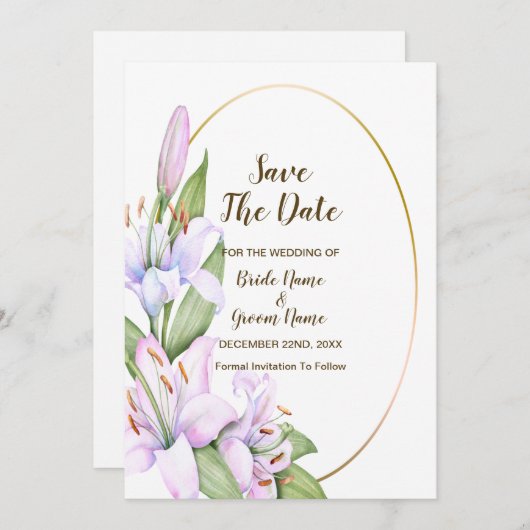 Bruiloft Roze Lelie Bloemen Gouden Lijst Mooi Save The Date (Voorkant / Achterkant)