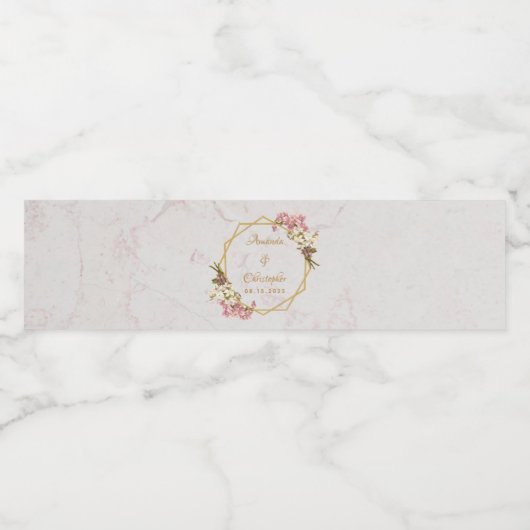 Bruiloft Roze Orchideeën Marmer Goud Bloemen Geome Waterfles Etiket (Enkel label)