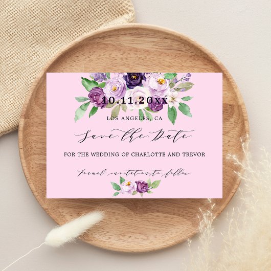 Bruiloft roze paarse bloemen save the date