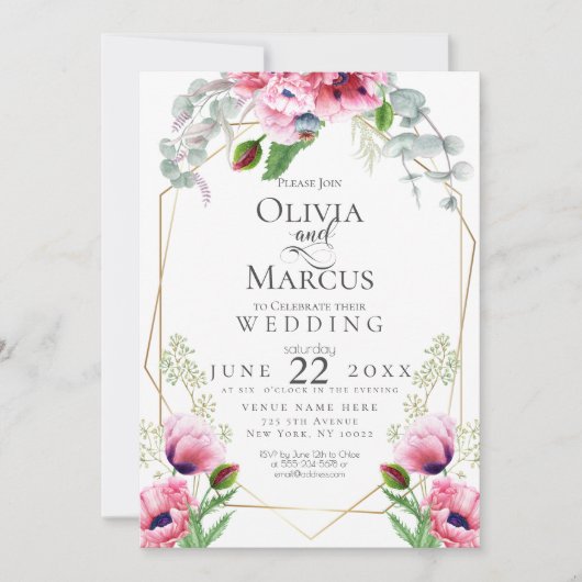 BRUILOFT | Roze papavers en olijven Kaart (Voorkant)