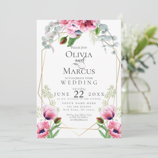 BRUILOFT | Roze papavers en olijven Kaart (Staand voorkant)