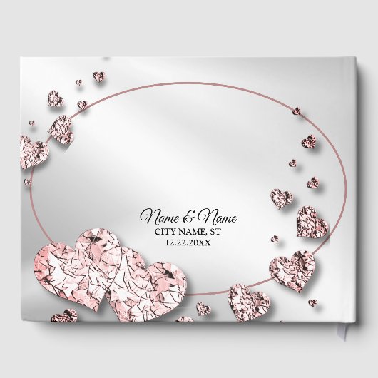 Bruiloft Roze Perzik Glanzende Harten Geometrisch Gastenboek (Achterkant)