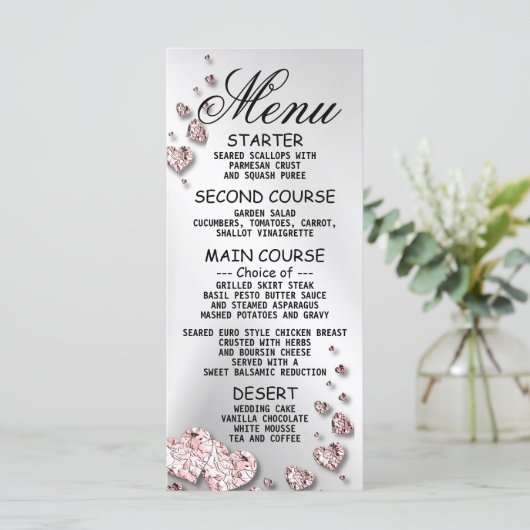 Bruiloft Roze Perzik Glanzende Harten Geometrisch Menu (Staand voorkant)