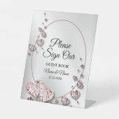 Bruiloft Roze Perzik Glanzende Harten Geometrisch Reclamebord Met Voetstuk (Voorkant)