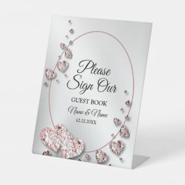 Bruiloft Roze Perzik Glanzende Harten Geometrisch Reclamebord Met Voetstuk