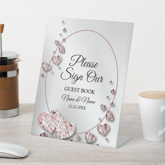 Bruiloft Roze Perzik Glanzende Harten Geometrisch Reclamebord Met Voetstuk (Insitu)