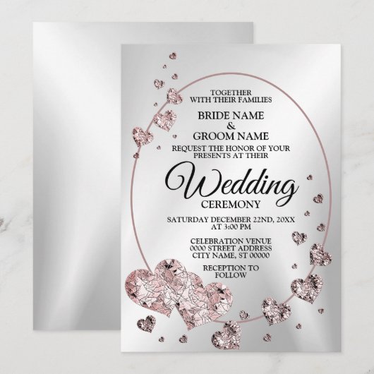 Bruiloft roze perzik glanzende harten geometrische kaart (Voorkant / Achterkant)