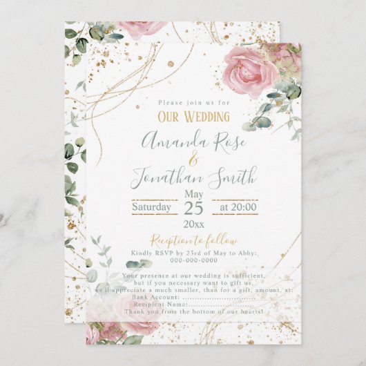 Bruiloft roze rozen sade groen en goud glitter kaart (Voorkant / Achterkant)