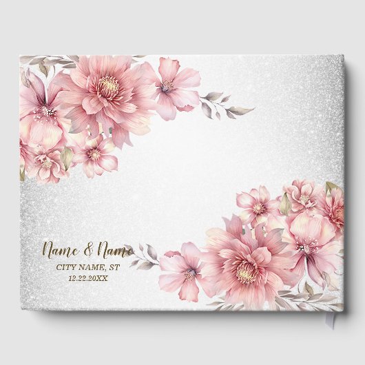 Bruiloft Roze Waterverf Bloem Glanzende Glitter Gastenboek (Achterkant)