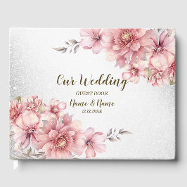 Bruiloft Roze Waterverf Bloem Glanzende Glitter Gastenboek