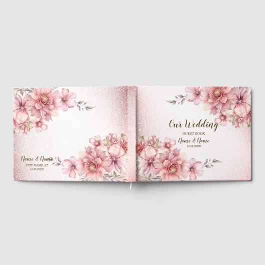Bruiloft Roze Waterverf Bloem Glanzende Glitter Gastenboek (Volledig)