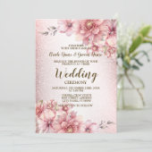Bruiloft Roze Waterverf Bloemen Glanzende Glitter Kaart (Staand voorkant)