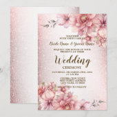 Bruiloft Roze Waterverf Bloemen Glanzende Glitter Kaart (Voorkant / Achterkant)