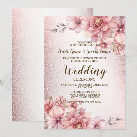 Bruiloft Roze Waterverf Bloemen Glanzende Glitter Kaart (Voorkant / Achterkant)