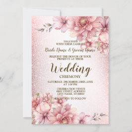 Bruiloft Roze Waterverf Bloemen Glanzende Glitter Kaart