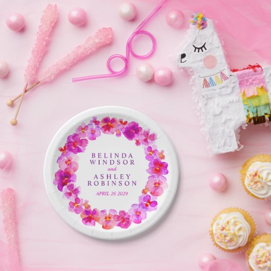 Bruiloft roze waterverf krans op maat papier bord (Feest)