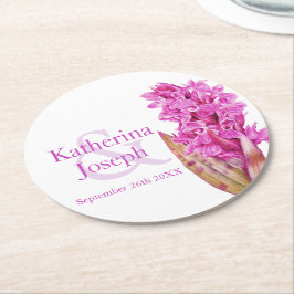 Bruiloft roze wilde orchidee waterverf ronde kartonnen onderzetter