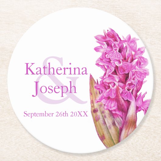 Bruiloft roze wilde orchidee waterverf ronde kartonnen onderzetter (Voorkant)