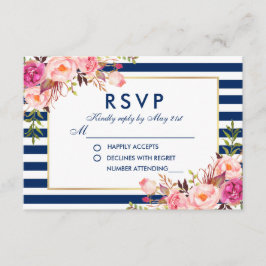 Bruiloft RSVP Bloemen Waterverf Roze Blauwe Strepe