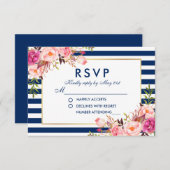 Bruiloft RSVP Bloemen Waterverf Roze Blauwe Strepe (Voorkant / Achterkant)
