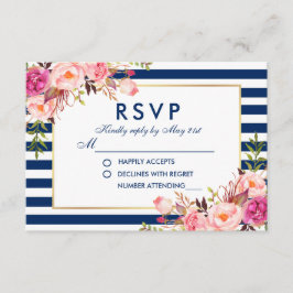 Bruiloft RSVP Bloemen Waterverf Roze Blauwe Strepe Kaartje