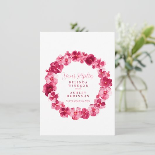 Bruiloft RSVP bloemenkrans viooltje rood Kaart (Staand voorkant)