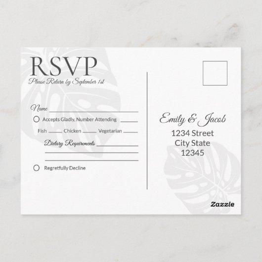 Bruiloft RSVP Briefkaart, Palm Leaf Tropical Beach Briefkaart (Achterkant)
