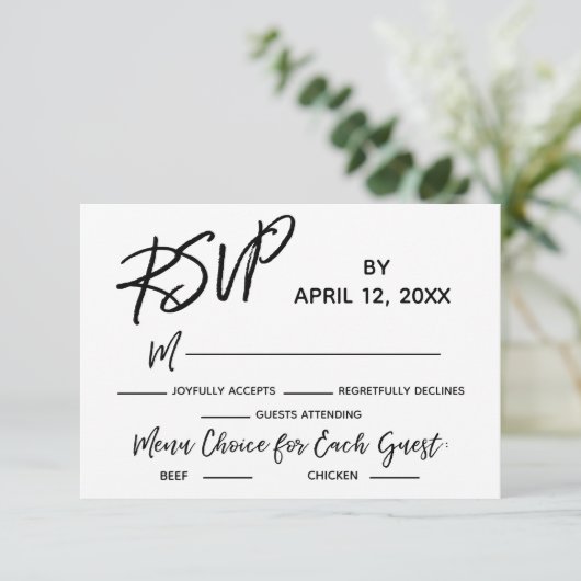 Bruiloft RSVP Casual handschrift met menu keuzes (Staand voorkant)