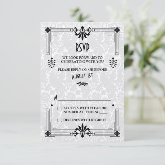 Bruiloft RSVP kaart Art Deco Roaring Twenties jare (Staand voorkant)