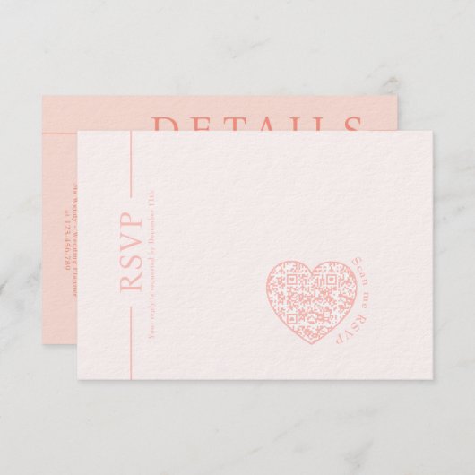 Bruiloft RSVP Kaart Blush Roze hart QR-code (Voorkant / Achterkant)