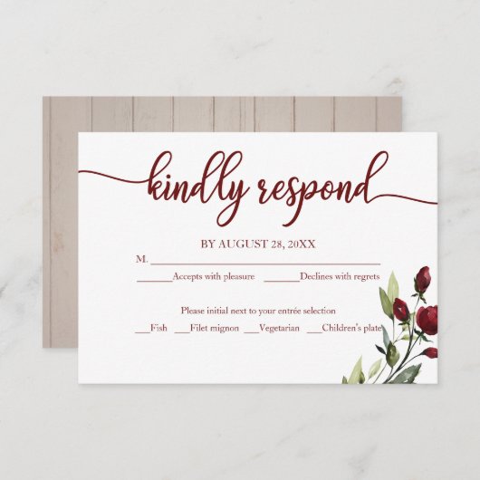 Bruiloft RSVP Kaart Bourgogne Bloemen Rustiek Hout (Voorkant / Achterkant)