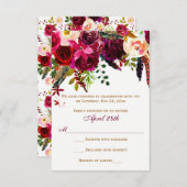 Bruiloft RSVP kaart - Burgundy bloemen, veren (Voorkant / Achterkant)