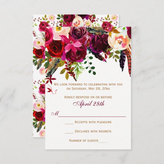 Bruiloft RSVP kaart - Burgundy bloemen, veren (Voorkant / Achterkant)