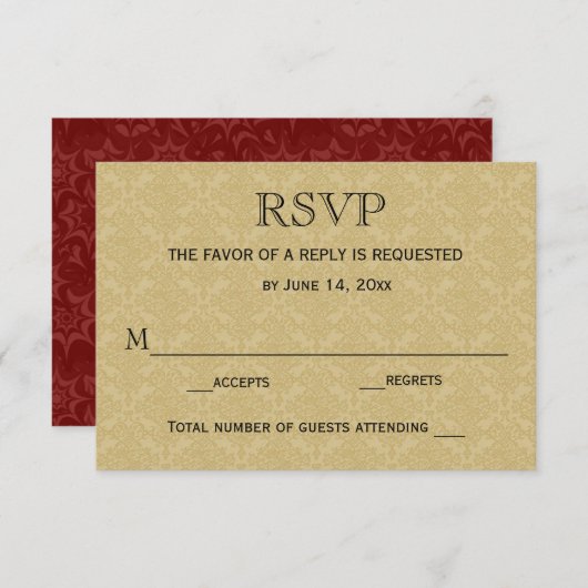 Bruiloft RSVP Kaart / Goud & Maroon Damask (Voorkant / Achterkant)