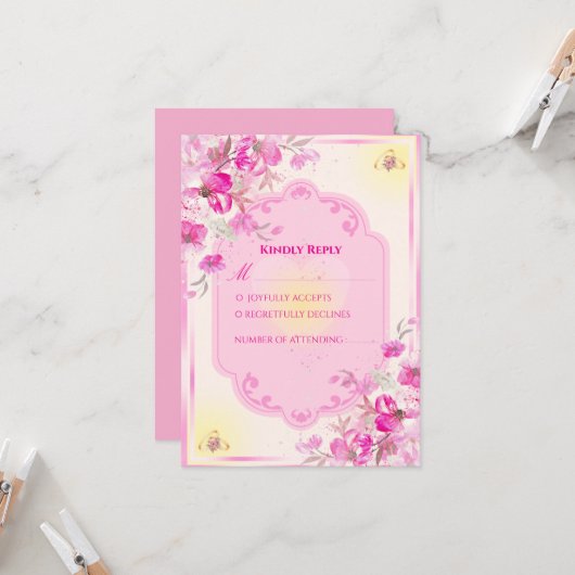 Bruiloft RSVP kaart in levendig roze en goud (Voorkant / Achterkant in situ)